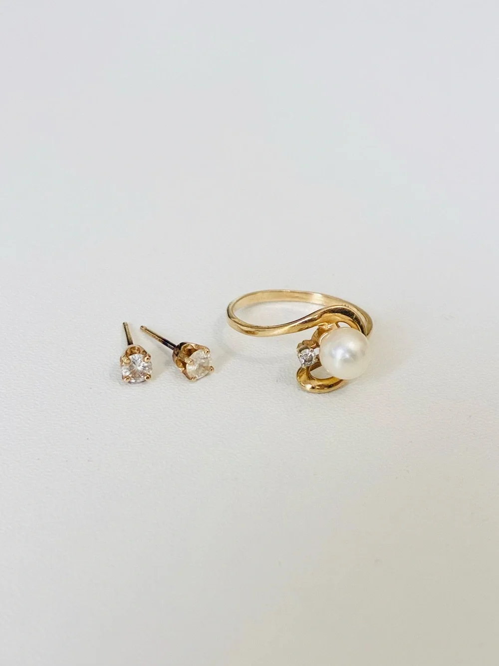 14K Plumb Gold Diamond Pearl Ring And 14K Gold Diamond Earrings, Vintage
